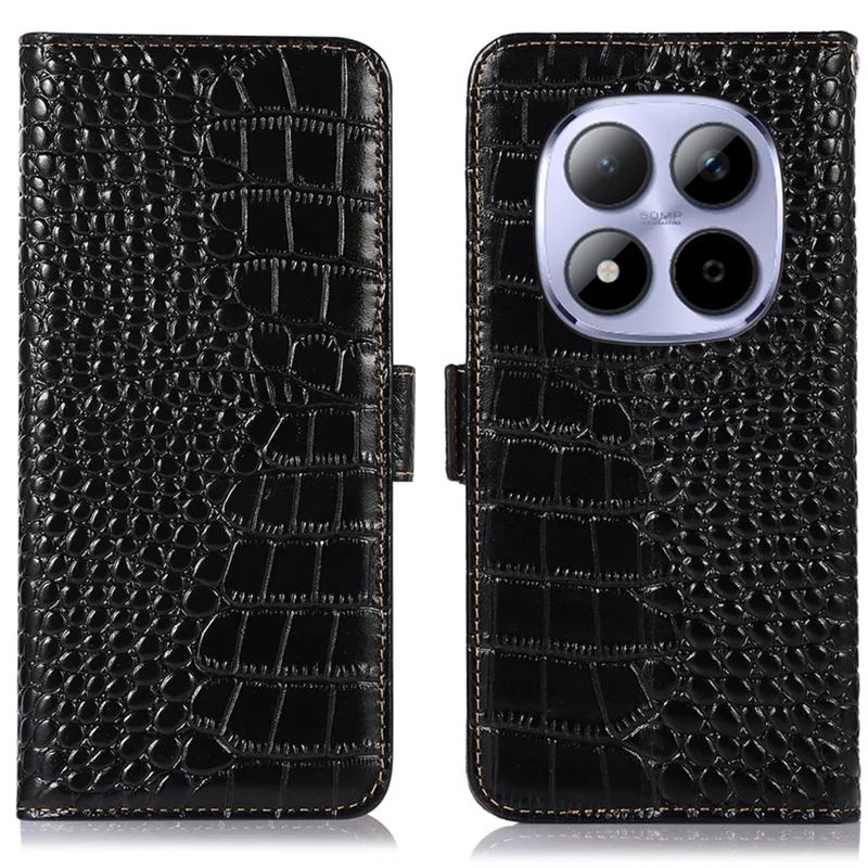 Voor Xiaomi Redmi Note 15 Pro 5G hoesje met RFID-blokkering portemonnee krokodillenstructuur echt koeienleer telefoonhoes - Zwart
