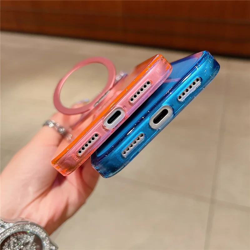 iPhone 17 Pro Magnetische Hülle 360 Grad drehbarer Ring Ständer Gradient Klar TPU Handy Rückseite - Pink