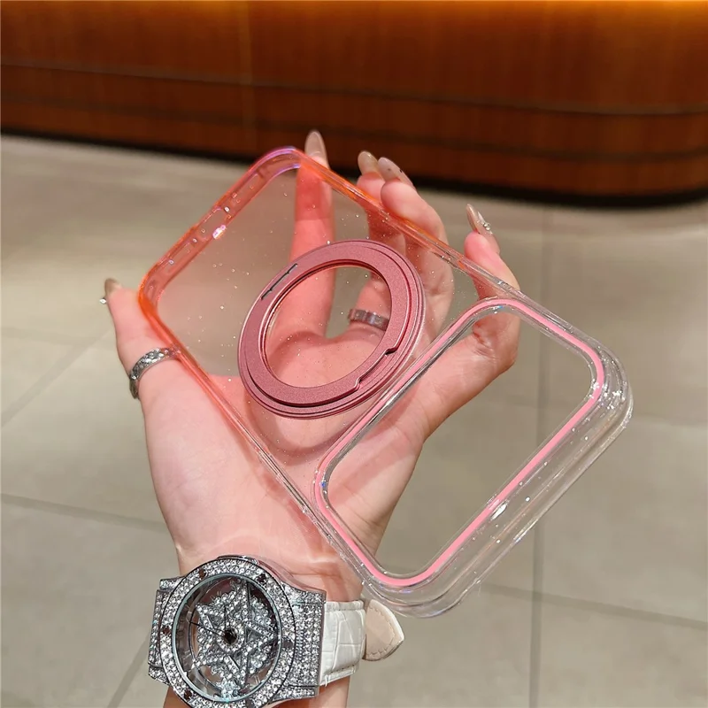 Étui magnétique pour iPhone 17 Pro Max Coque arrière en TPU transparent dégradé avec support rotatif à 360 degrés - Rose