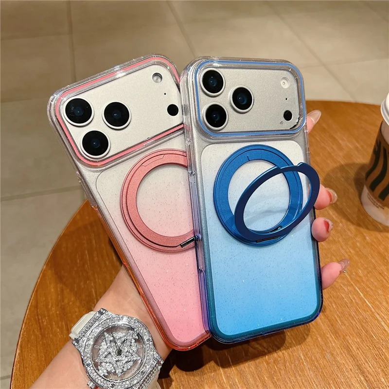 Étui magnétique pour iPhone 17 Pro Max Coque arrière en TPU transparent dégradé avec support rotatif à 360 degrés - Rose