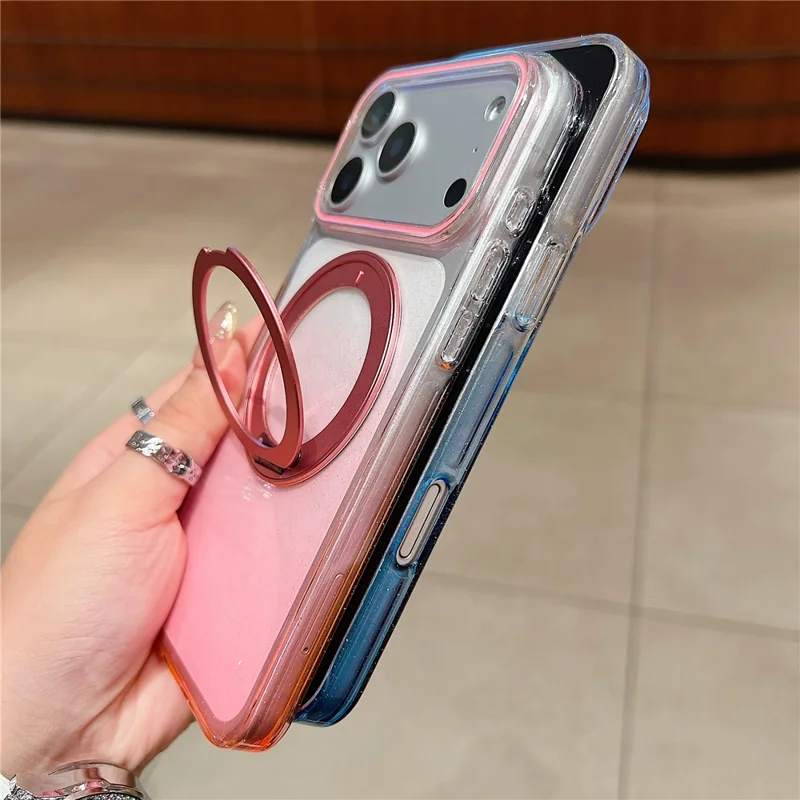 Étui magnétique pour iPhone 17 Pro Max Coque arrière en TPU transparent dégradé avec support rotatif à 360 degrés - Rose