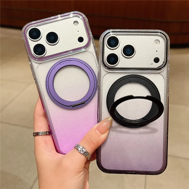 Étui magnétique pour iPhone 17 Pro Max Coque arrière en TPU transparent dégradé avec support rotatif à 360 degrés - Rose
