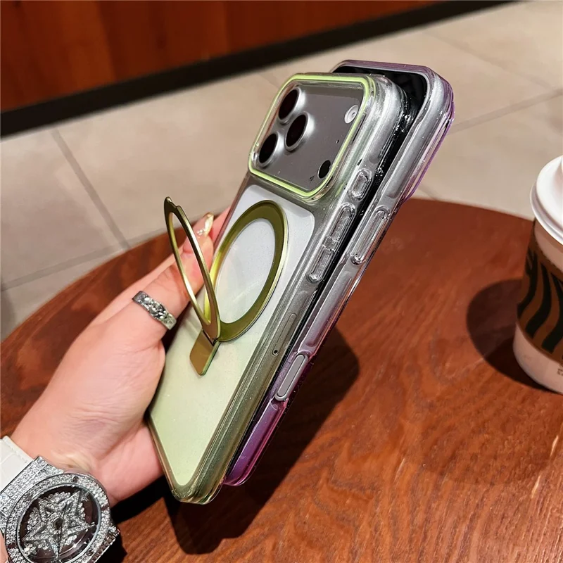 For iPhone 17 Pro Max Magnetic Case Kickstand Gradient Clear TPU Phone Back Cover - Pink