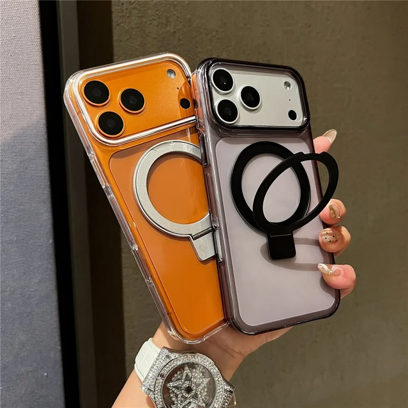 For iPhone 17 Pro Magnetic Case Kickstand Clear TPU Phone Back Cover - Silver