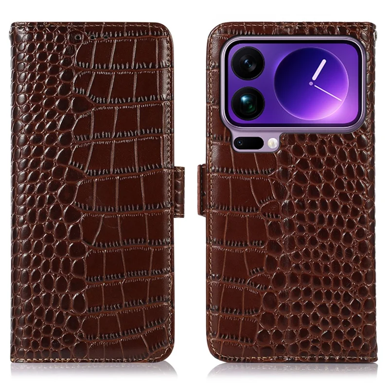 For Xiaomi 17 Pro Max Case RFID Blocking Wallet Crocodile Texture Genuine Cow Leather Phone Cover - Brown