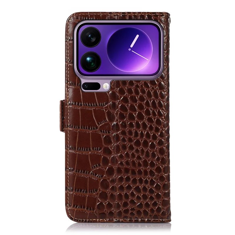 For Xiaomi 17 Pro Max Case RFID Blocking Wallet Crocodile Texture Genuine Cow Leather Phone Cover - Brown
