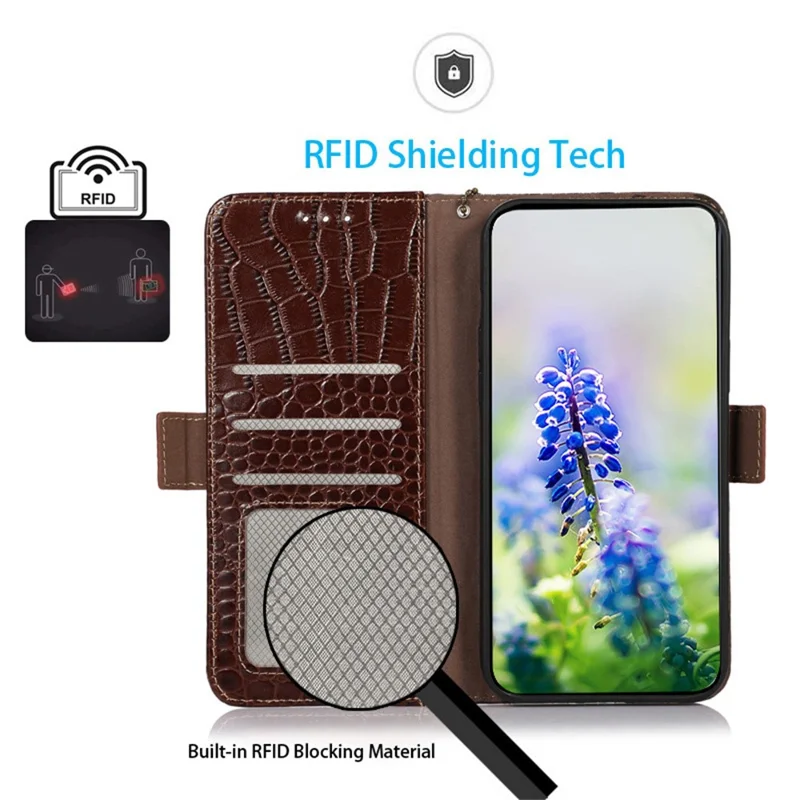 For Xiaomi 17 Case RFID Blocking Wallet Crocodile Texture Genuine Cow Leather Phone Cover - Brown