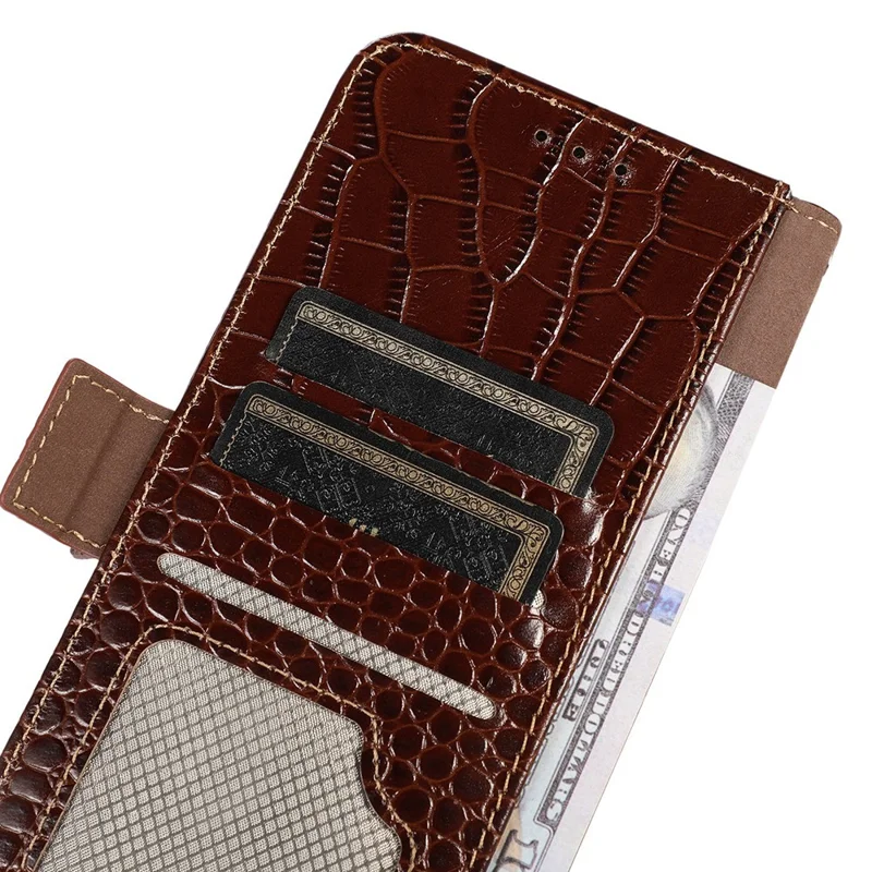 For Xiaomi 17 Case RFID Blocking Wallet Crocodile Texture Genuine Cow Leather Phone Cover - Brown