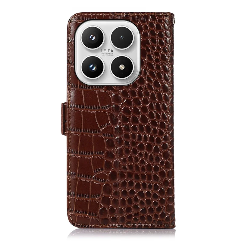 For Xiaomi 17 Case RFID Blocking Wallet Crocodile Texture Genuine Cow Leather Phone Cover - Brown