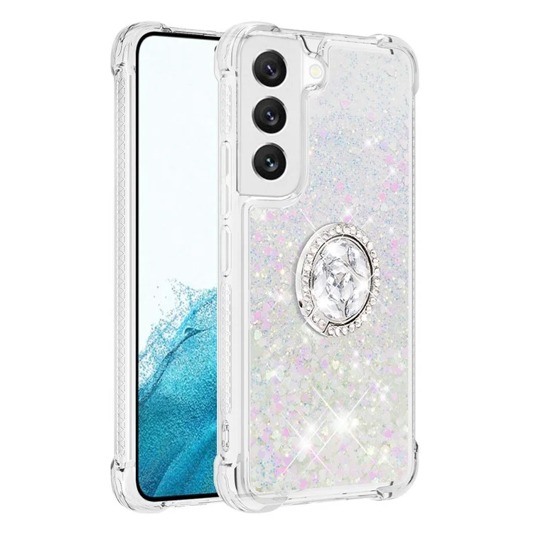 YB Quicksand Series-7 per Samsung Galaxy S23 Liquid Quicksand Design Soft TPU Cover Ring Kickstand Drop-proof Back Case - Laser / Hearts