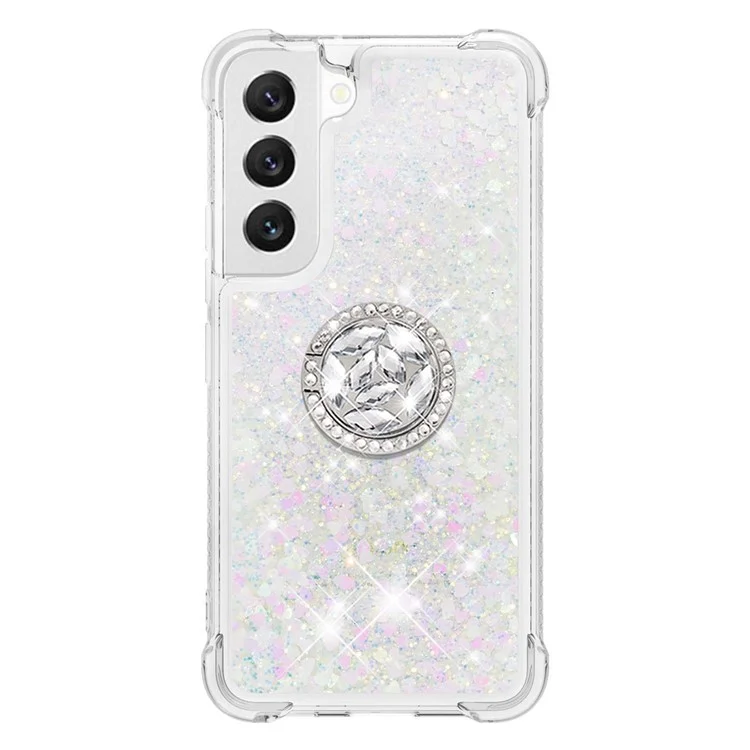 YB Quicksand Series-7 per Samsung Galaxy S23 Liquid Quicksand Design Soft TPU Cover Ring Kickstand Drop-proof Back Case - Laser / Hearts