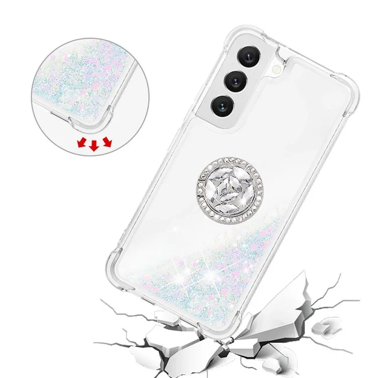 YB Quicksand Series-7 per Samsung Galaxy S23 Liquid Quicksand Design Soft TPU Cover Ring Kickstand Drop-proof Back Case - Laser / Hearts