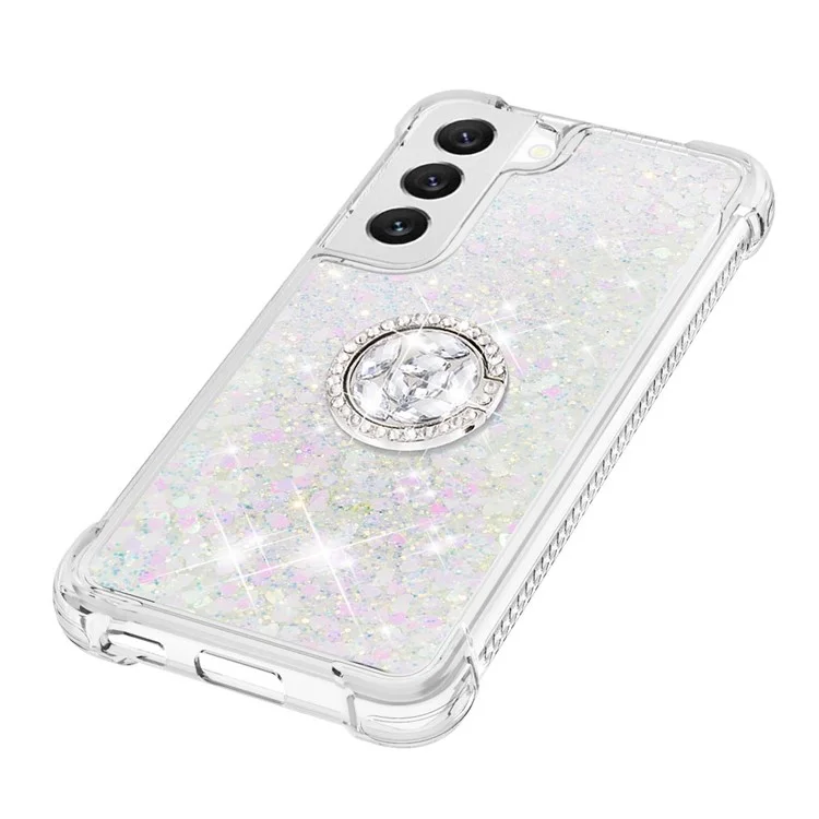 YB Quicksand Series-7 per Samsung Galaxy S23 Liquid Quicksand Design Soft TPU Cover Ring Kickstand Drop-proof Back Case - Laser / Hearts