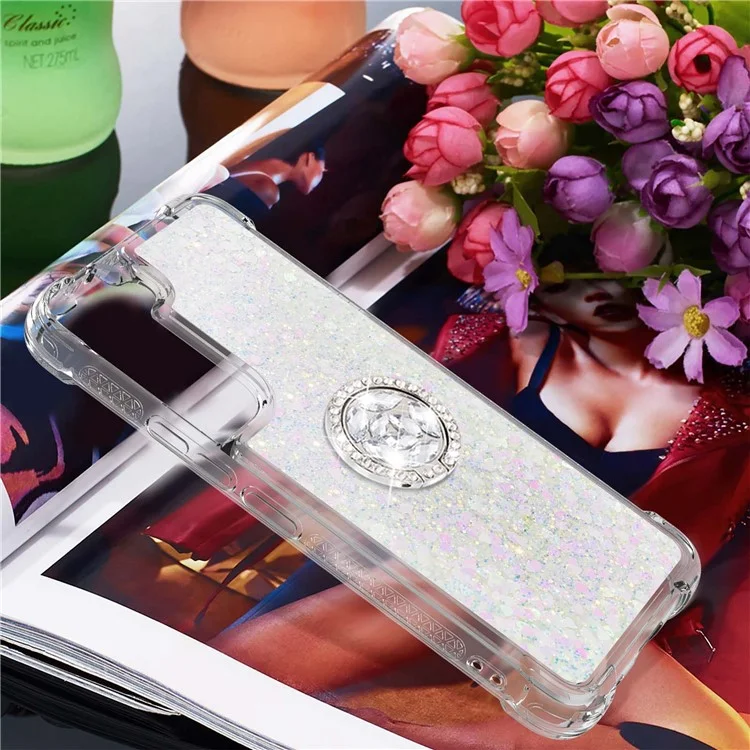YB Quicksand Series-7 per Samsung Galaxy S23 Liquid Quicksand Design Soft TPU Cover Ring Kickstand Drop-proof Back Case - Laser / Hearts