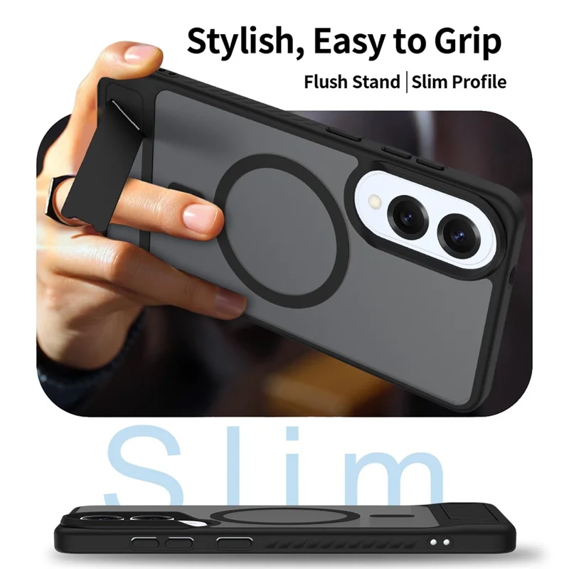 Compra a Granel para Capa de Samsung Galaxy S25 Edge Compatível com MagSafe, Sensação de Pele PC + TPU com Suporte, Capa de Telefone - Preto