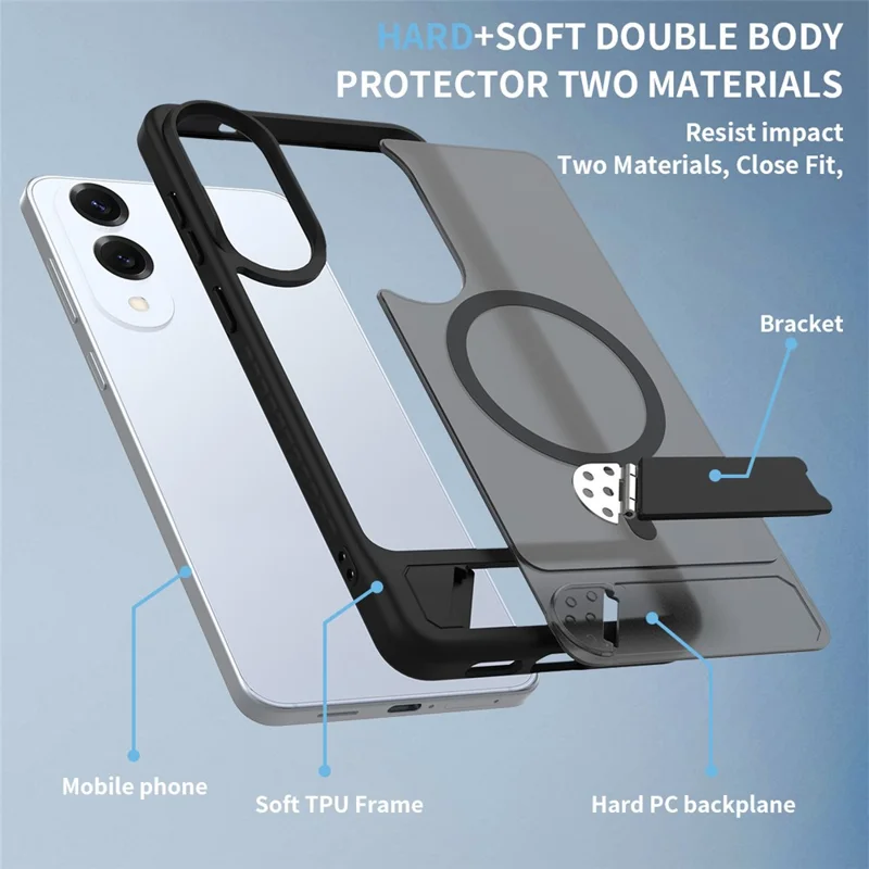 Compra a Granel para Capa de Samsung Galaxy S25 Edge Compatível com MagSafe, Sensação de Pele PC + TPU com Suporte, Capa de Telefone - Preto