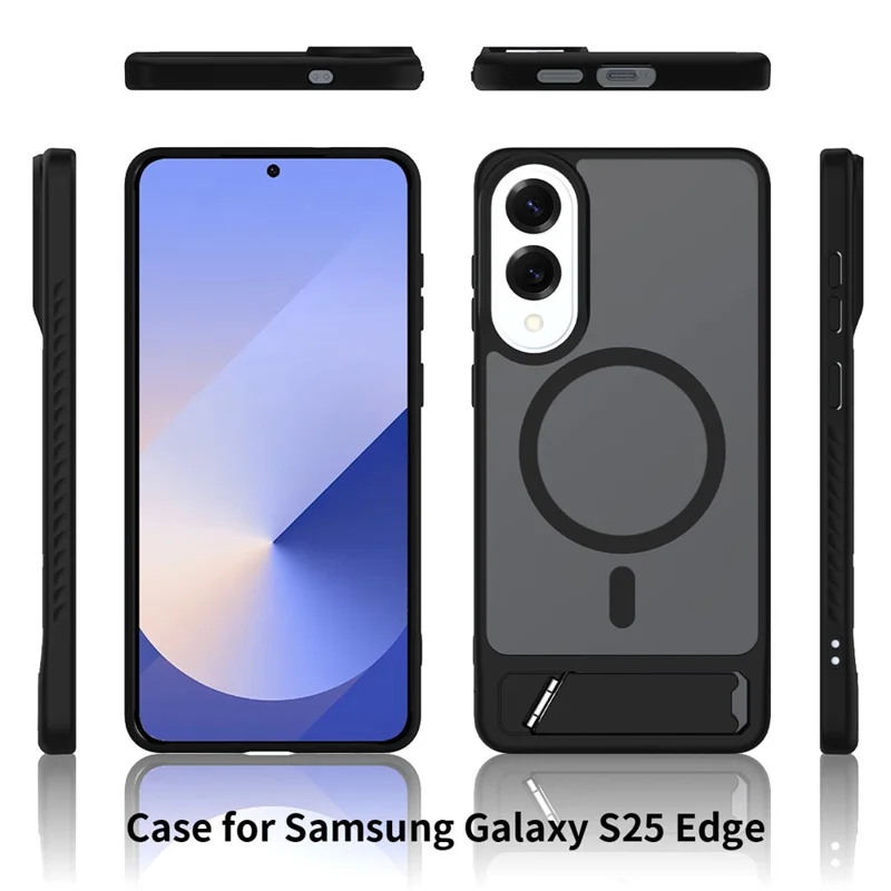 Compra a Granel para Capa de Samsung Galaxy S25 Edge Compatível com MagSafe, Sensação de Pele PC + TPU com Suporte, Capa de Telefone - Preto