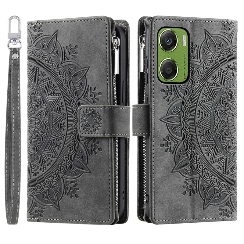 For Motorola Moto G06 Power 4G / G06 4G Wallet Case Mandala Flower Pattern PU Leather Phone Cover with Wrist Strap - Grey