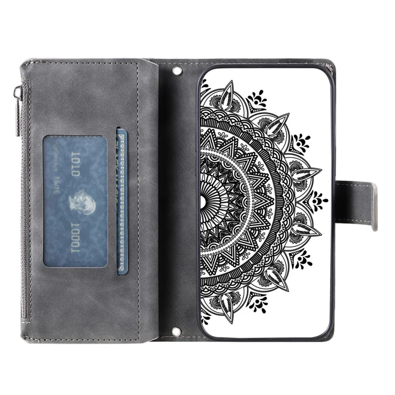 For Motorola Moto G06 Power 4G / G06 4G Wallet Case Mandala Flower Pattern PU Leather Phone Cover with Wrist Strap - Grey