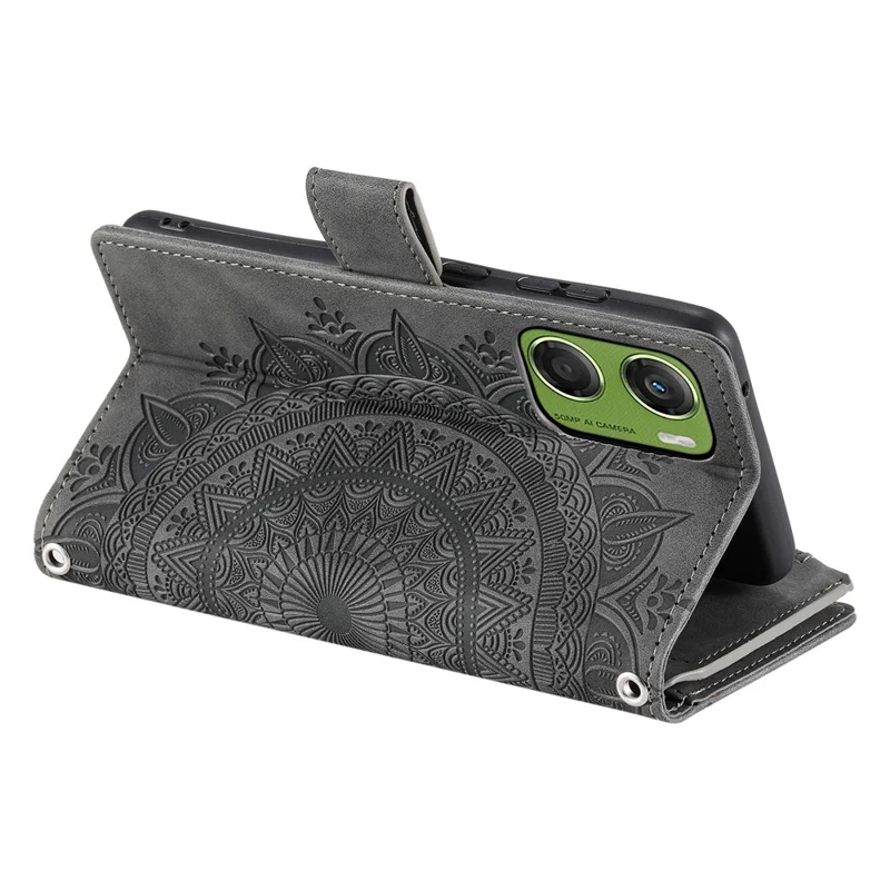 For Motorola Moto G06 Power 4G / G06 4G Wallet Case Mandala Flower Pattern PU Leather Phone Cover with Wrist Strap - Grey