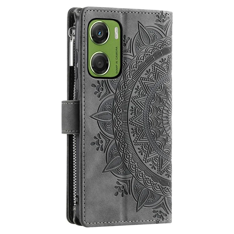 For Motorola Moto G06 Power 4G / G06 4G Wallet Case Mandala Flower Pattern PU Leather Phone Cover with Wrist Strap - Grey