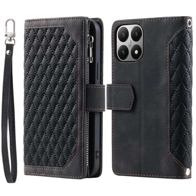 For Xiaomi 15T Wallet Case Rhombus Stitching Line PU Leather Phone Cover with Wrist Strap - Black