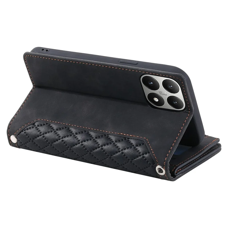 For Xiaomi 15T Wallet Case Rhombus Stitching Line PU Leather Phone Cover with Wrist Strap - Black