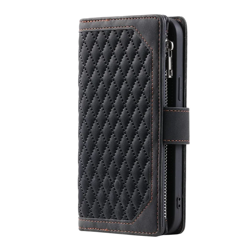 For Xiaomi 15T Wallet Case Rhombus Stitching Line PU Leather Phone Cover with Wrist Strap - Black
