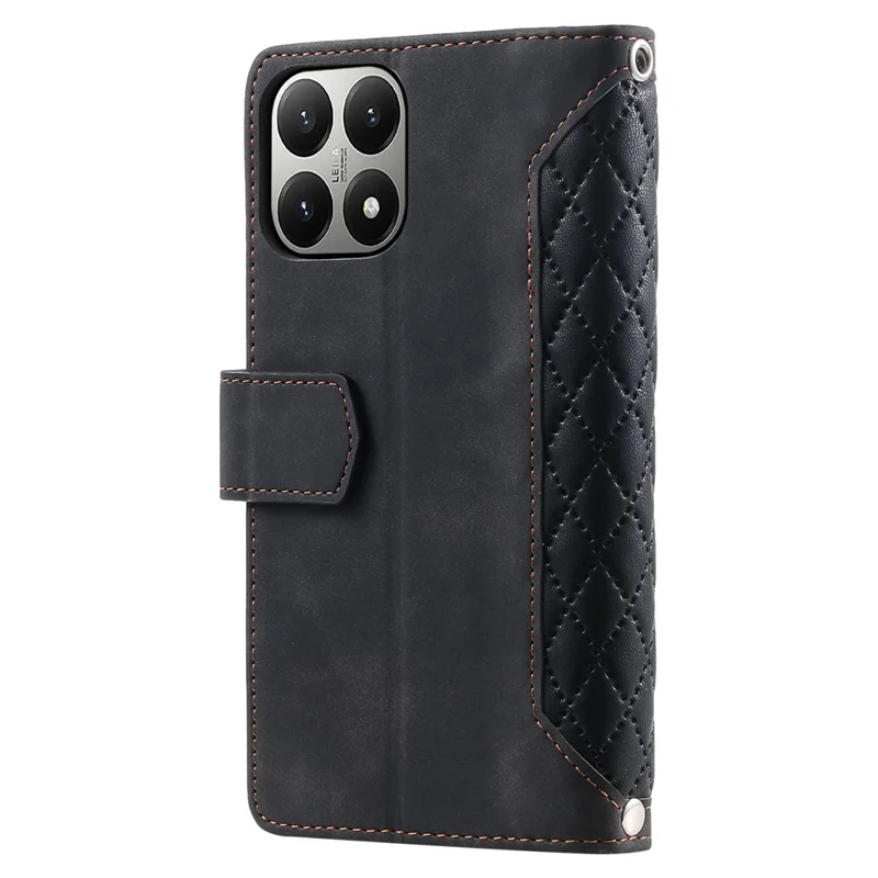 For Xiaomi 15T Wallet Case Rhombus Stitching Line PU Leather Phone Cover with Wrist Strap - Black