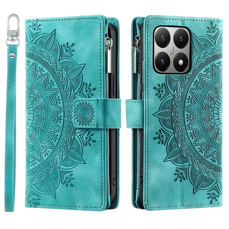 For Xiaomi 15T Wallet Case Mandala Flower Pattern PU Leather Phone Cover with Wrist Strap - Mint Green