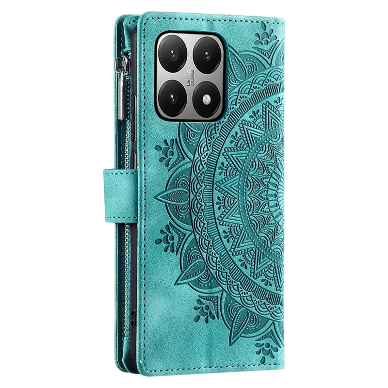 For Xiaomi 15T Wallet Case Mandala Flower Pattern PU Leather Phone Cover with Wrist Strap - Mint Green