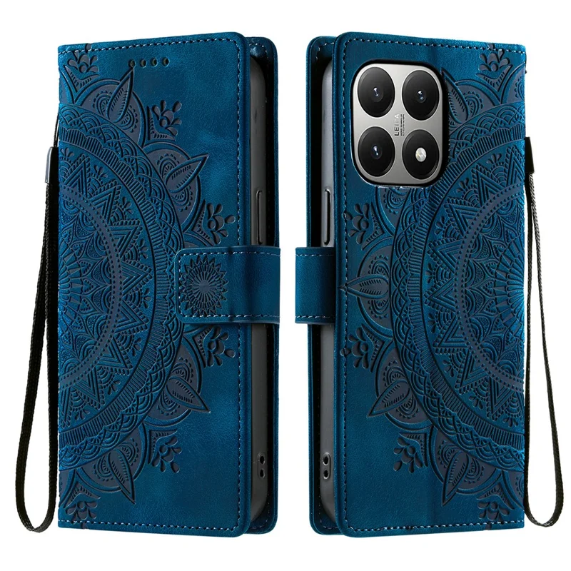 For Xiaomi 15T Case Imprinted Totem Skin Feel Wallet Leather Phone Cover with Hand Strap - Blue