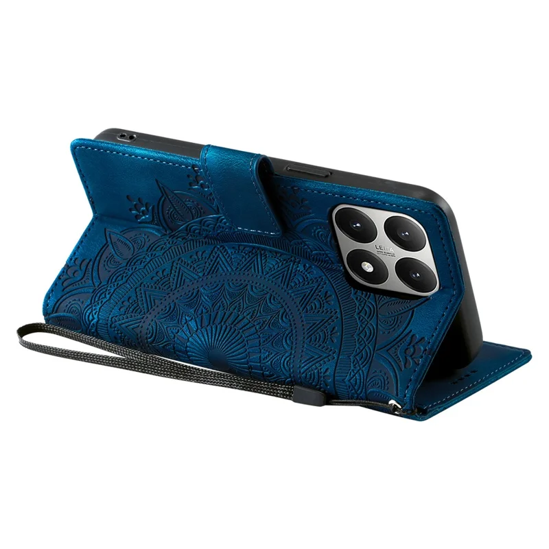 For Xiaomi 15T Case Imprinted Totem Skin Feel Wallet Leather Phone Cover with Hand Strap - Blue
