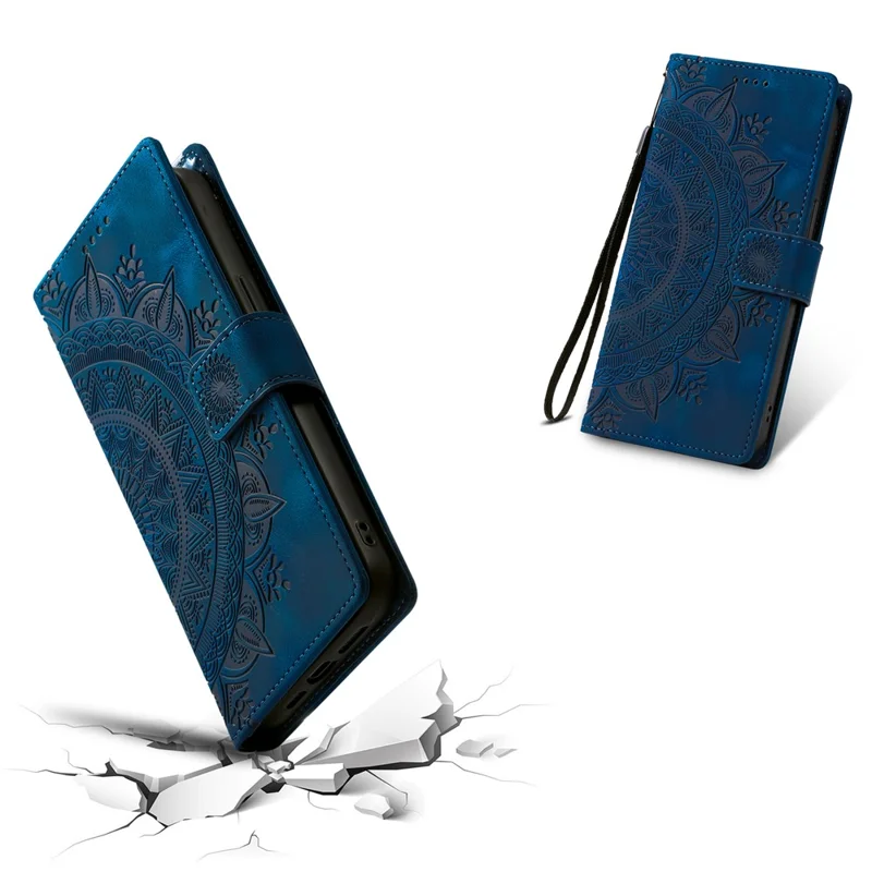 For Xiaomi 15T Case Imprinted Totem Skin Feel Wallet Leather Phone Cover with Hand Strap - Blue
