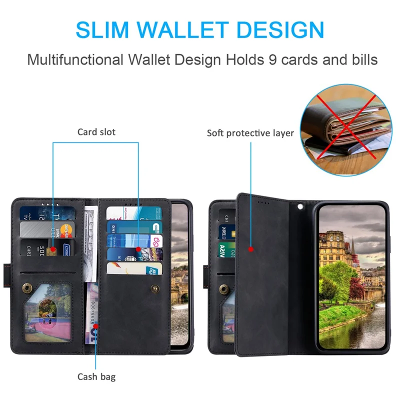 For Xiaomi 15T Case 9 Card Slots Zipper Wallet PU Leather Phone Cover with Wrist Strap - Black