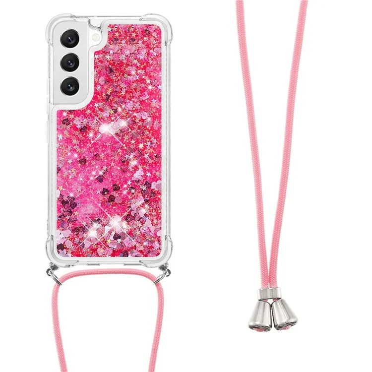 For Samsung Galaxy S23 TPU Case Quicksand Design Phone Cover with Lanyard - Pink  /  Hearts