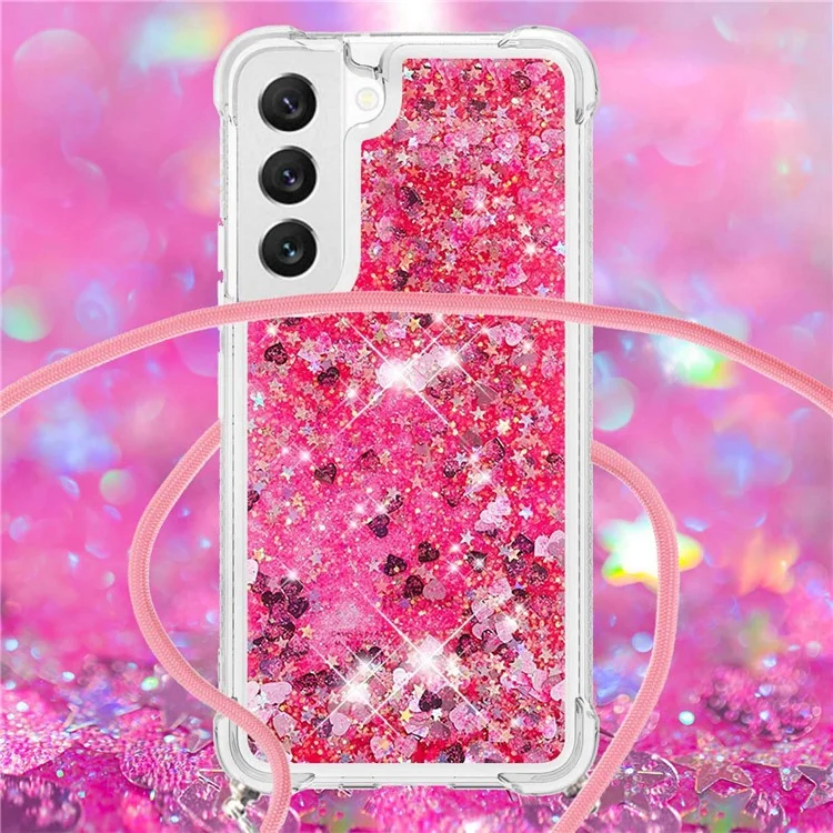 For Samsung Galaxy S23 TPU Case Quicksand Design Phone Cover with Lanyard - Pink  /  Hearts