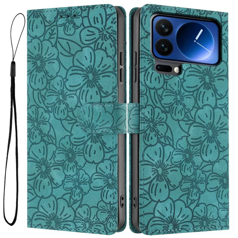 For Xiaomi 17 Pro Max Flip Case Cherry Blossom Pattern Leather Wallet Stand Phone Cover with Wrist Strap - Green