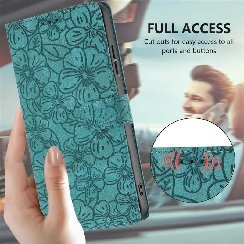 For Xiaomi Poco M7 4G (EU) (171mm) Flip Case Cherry Blossom Pattern Leather Wallet Stand Phone Cover with Wrist Strap - Green