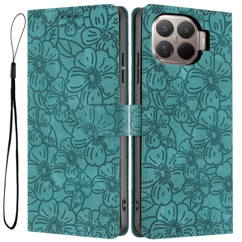 For Xiaomi 15T Pro Flip Case Cherry Blossom Pattern Leather Wallet Stand Phone Cover with Wrist Strap - Green