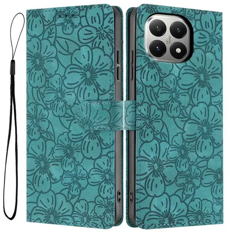 Для Xiaomi 15T Flip Case Cherry Blossom Pattern Leather Wallet Stand Phone Cover with Wrist Strap - Green