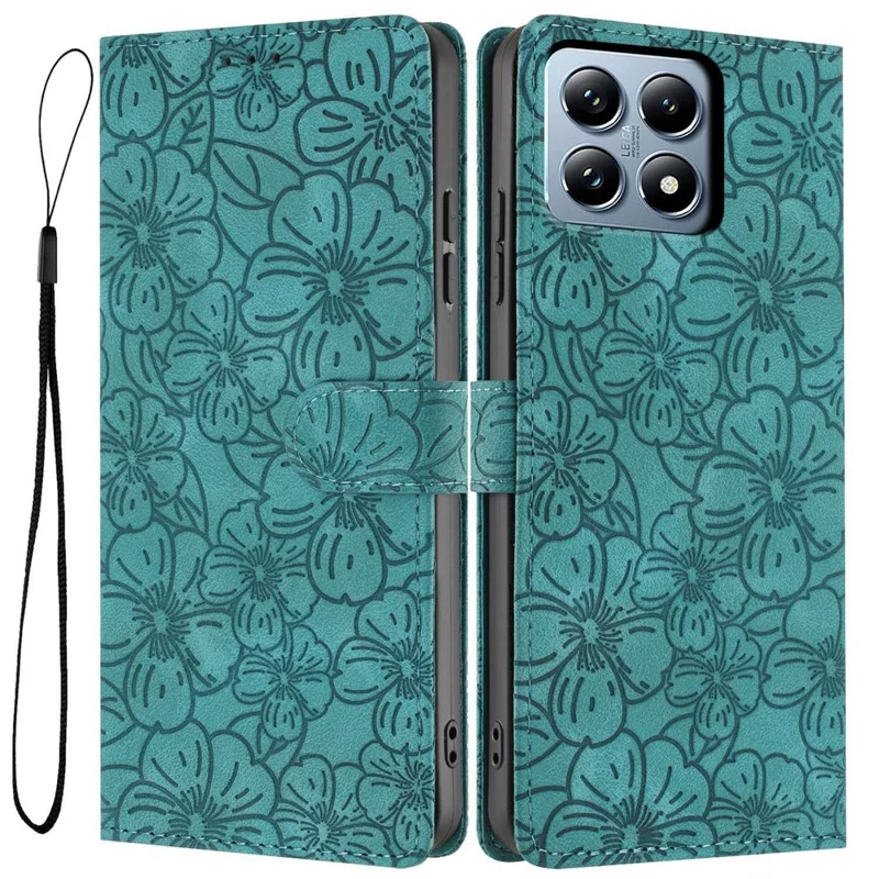 For Xiaomi 14T Pro Flip Case Cherry Blossom Pattern Leather Wallet Stand Phone Cover with Wrist Strap - Green