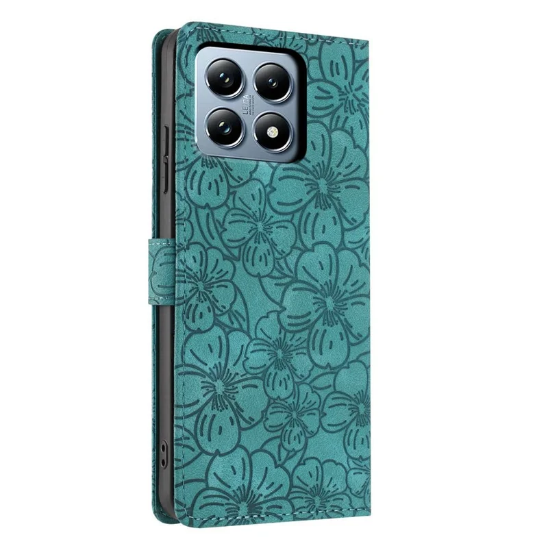 For Xiaomi 14T Pro Flip Case Cherry Blossom Pattern Leather Wallet Stand Phone Cover with Wrist Strap - Green