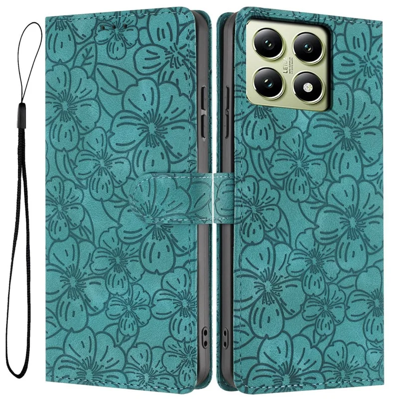 For Xiaomi 14T Flip Case Cherry Blossom Pattern Leather Wallet Stand Phone Cover with Wrist Strap - Green