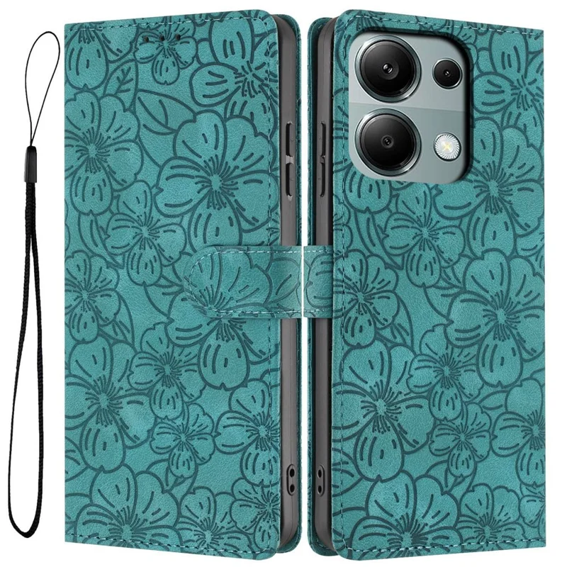 Capa Flip para Xiaomi Redmi Note 14S 4G / Note 13 Pro 4G / Poco M6 Pro 4G Capa de Telefone de Couro com Padrão de Flor de Cerejeira Carteira com Suporte e Alça de Pulso - Verde