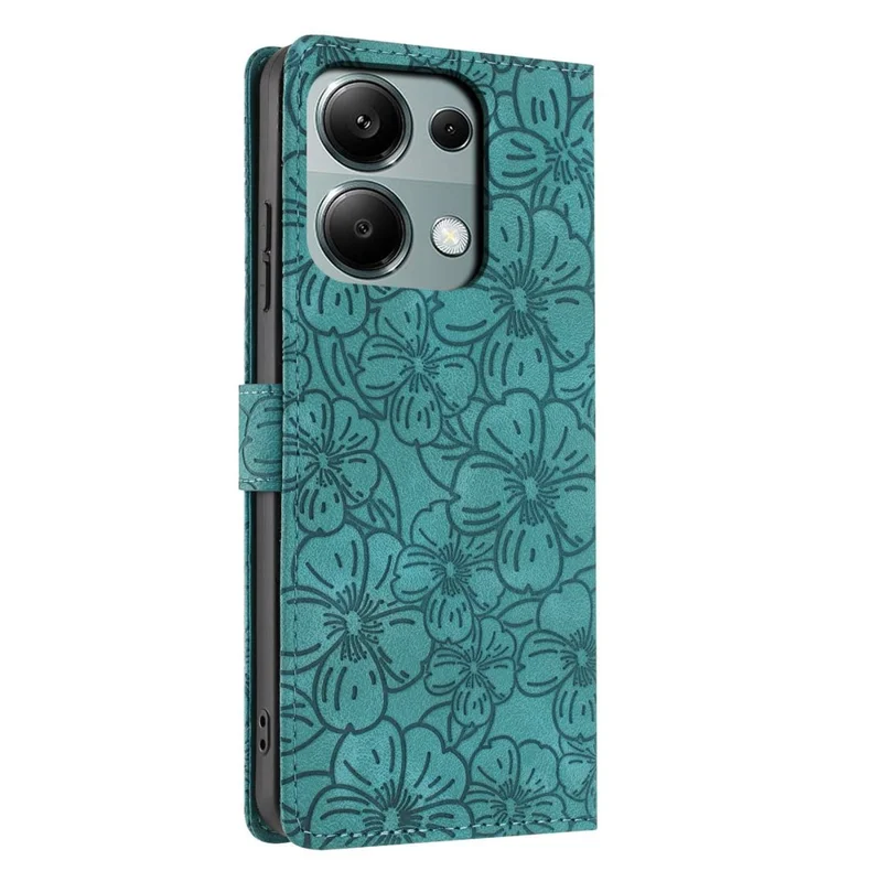 Capa Flip para Xiaomi Redmi Note 14S 4G / Note 13 Pro 4G / Poco M6 Pro 4G Capa de Telefone de Couro com Padrão de Flor de Cerejeira Carteira com Suporte e Alça de Pulso - Verde