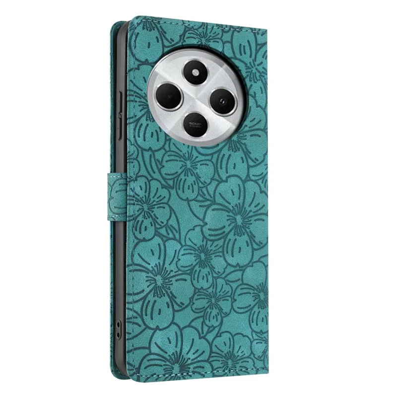 Etui odchylane do Xiaomi Redmi 14R 5G / 14C 4G / Poco C75 4G, skórzane etui z motywem kwiatów wiśni, portfel z uchwytem i regulowaną podstawką, z zatrzaskiem, z zielonym paskiem na nadgarstek