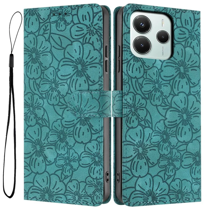 Flip Case For Xiaomi Redmi Note 14 5G  /  Poco M7 Pro 5G Leather Phone Cover Cherry Blossom Pattern Wallet Stand with Wrist Strap - Green