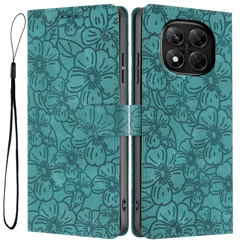 Capa de Couro com Padrão de Cerejeira para Xiaomi Redmi Note 14 Pro+ 5G / Note 14 Pro 5G, Capa de Telefone com Suporte de Carteira e Alça de Pulso - Verde