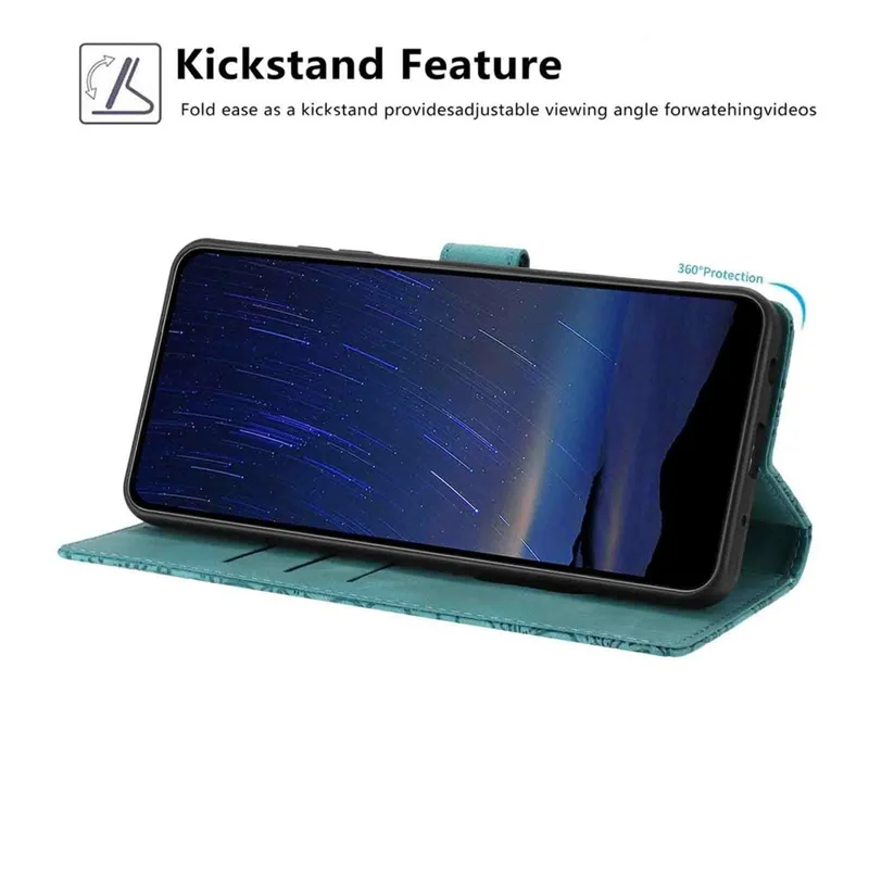 Capa de Couro com Padrão de Cerejeira para Xiaomi Redmi Note 14 Pro+ 5G / Note 14 Pro 5G, Capa de Telefone com Suporte de Carteira e Alça de Pulso - Verde